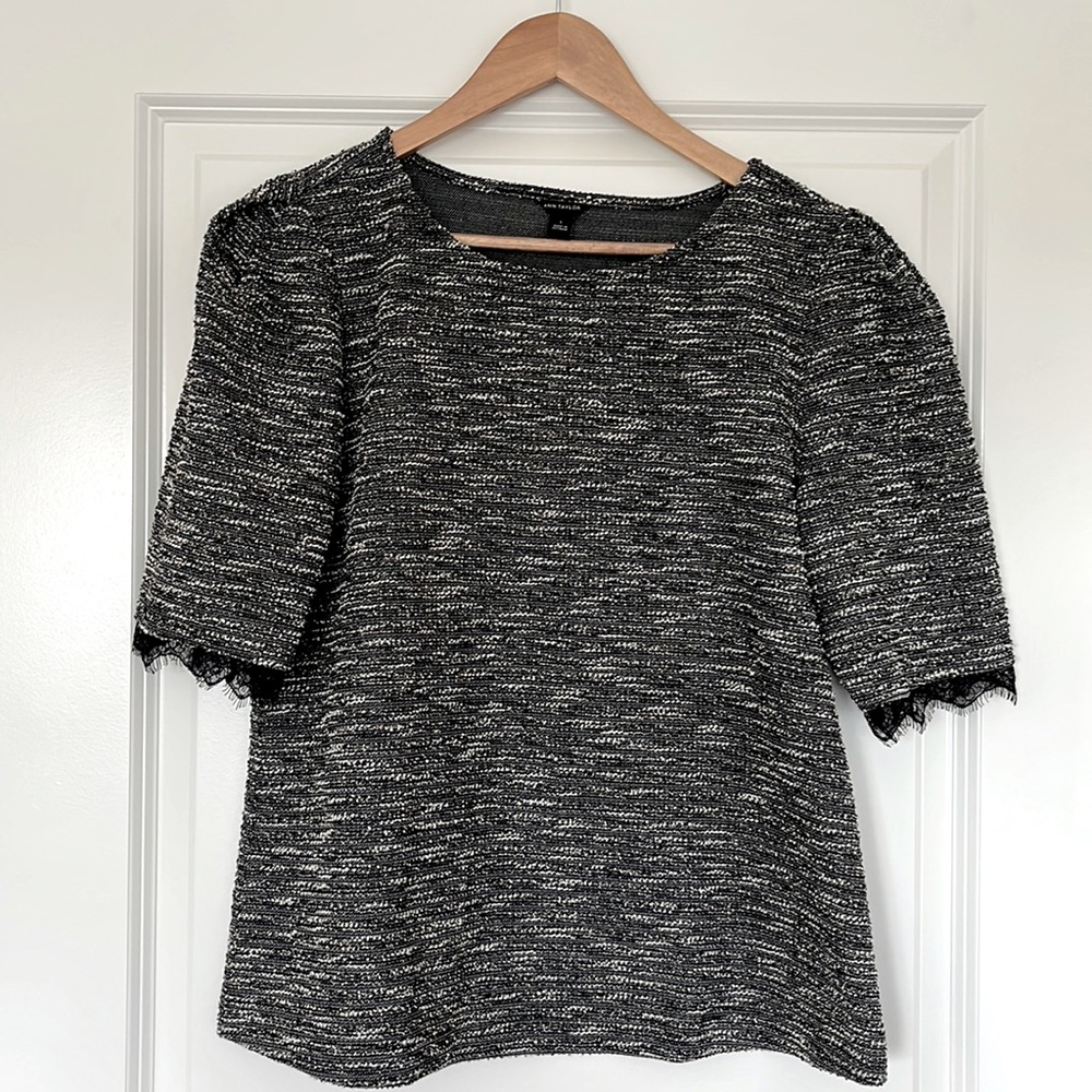 Ann Taylor Black Gray Gold Textured Tweed Blouse Top Half Sleeve L